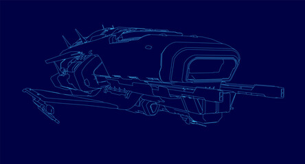 Poster - A sleek fighter spaceship blueprint with intricate contour details stands out against a dark blue background. The design features sharp lines and futuristic elements, emphasizing advanced technology.