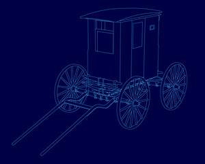 Poster - A horse-drawn carriage with intricate detailing stands out against a solid blue background. The retro cart features four distinct wheels and a well-defined contour.