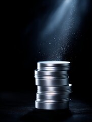 Poster - Shimmering silver tins stacked neatly. An elegant display of modern design, perfect for packaging or storage. Ideal for product showcases or creative projects. AI