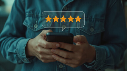 Poster - User Leaving a 5-Star Mobile Review.