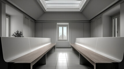 Poster - Modern waiting room with minimalist benches, skylight, tiled floor, and natural light creating calm, peaceful atmosphere