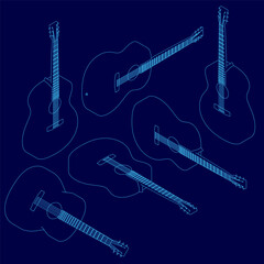 Aufkleber - Six acoustic guitars in unique contours are arranged in a line on a blue background. The blueprint-style illustration highlights distinct shapes and designs.
