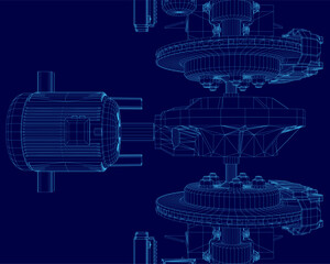Poster - A 3D model of a gearbox with intricate wireframe details, highlighting internal components and mechanical design, including an electric motor. The technical blueprint features precise engineering.