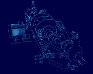 Poster - A detailed blueprint of an electric car motor with precise contour lines, showcasing internal components and mechanical design. The technical illustration features a clean blue background.