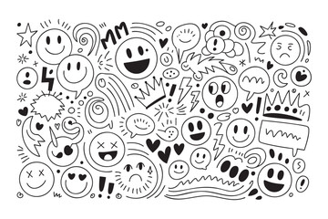 Fototapete - Doodle Mania A Hand-Drawn Vector Illustration of Playful Characters, Stars, Hearts, and Crowns on a Transparent Backdrop for Creative Designs