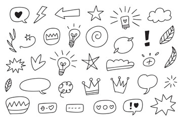 Poster - Hand-Drawn Doodle Elements Vector Set A whimsical collection of sketched icons, speech bubbles, stars, arrows, lightbulbs, crowns, and abstract shapes on transparent backdrop