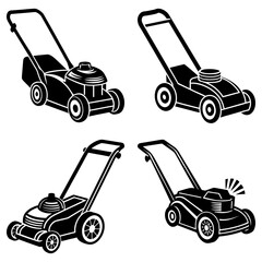 Poster - Four lawn mowers in black and white showcasing different designs and styles for lawn care equipment