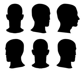 Poster - Six black silhouettes of men's heads stand in a row against a clean white background, creating a striking minimalist composition. The identical profiles emphasize uniformity and simplicity while.