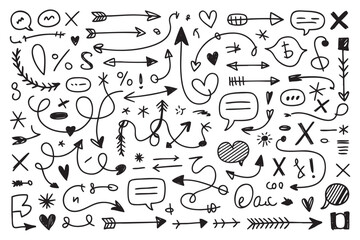Fototapete - Hand-Drawn Doodle Vector Collection with Arrows, Hearts, Speech Bubbles, and Symbols, Ideal for Scrapbooking, Journaling, and Adding a Playful Touch to Designs