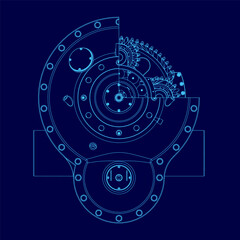Poster - A mechanical gear blueprint features intricate cogs and gears against a vibrant blue background. The detailed contour highlights precision engineering, resembling components of a gearbox or turbine.
