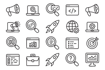Fototapete - SEO and Marketing Icon Set A Collection of Line Art Symbols Representing Search Engine Optimization and Digital Marketing Strategies on a Transparent Backdrop