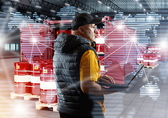 Poster - Man logistician fuel company. Container with barrels behind worker. Oil supply chain management. Man logistician stands in warehouse hangar. Dispatcher logistics bureau composing gasoline in barrels