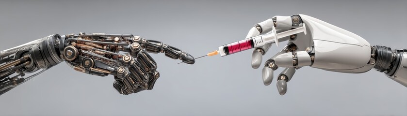 Poster - A robotic hand holding a syringe approaches another robotic hand, symbolizing advanced technology in healthcare and medical innovation