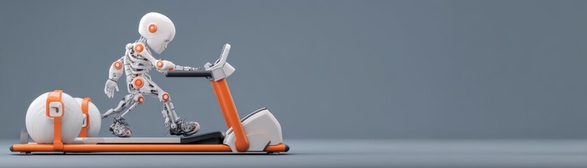 Poster - A futuristic humanoid robot walks on a treadmill, as exercise, technology, and artificial intelligence in a modern, minimalistic setting