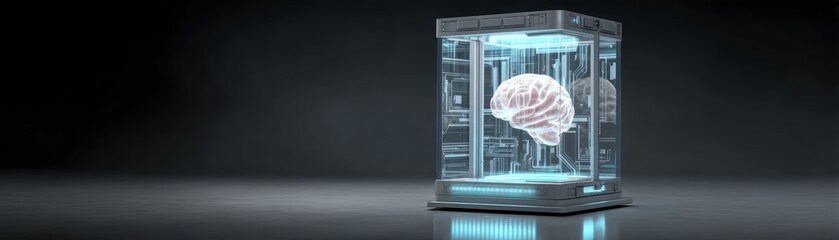 Poster - A digital brain enclosed in a transparent cube, floating above a glowing platform