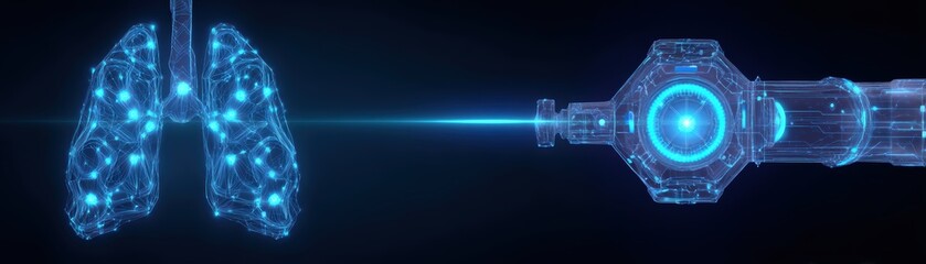 Poster - A digital illustration shows glowing blue lungs being scanned by a futuristic, high-tech device emitting a focused beam of light