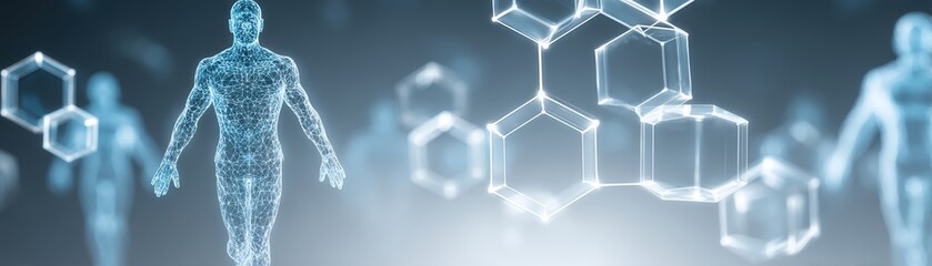 Poster - A digital human figure made of light particles stands amidst floating 3D hexagonal molecular structures on a blue gradient bg