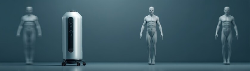 Poster - A device stands between three human figures as advanced technology transforming or scanning the human body in a minimalistic, sci-fi setting