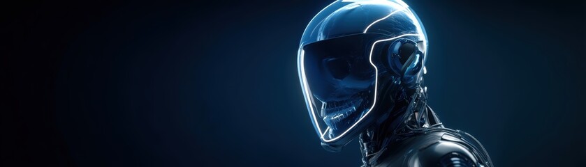 Poster - A futuristic humanoid robot with a sleek helmet and glowing blue visor faces sideways against a dark background