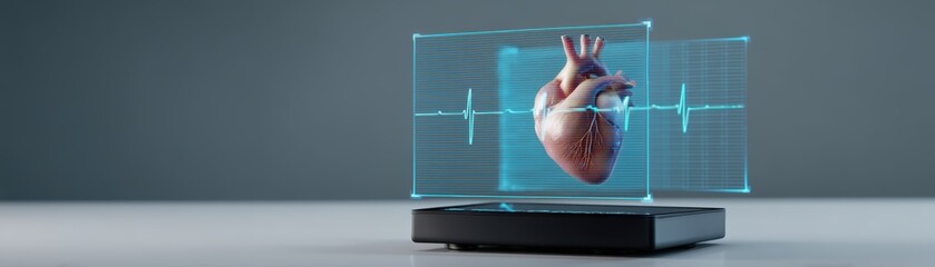 Poster - A holographic display projecting a detailed human heart with ECG waveforms as advanced medical tech