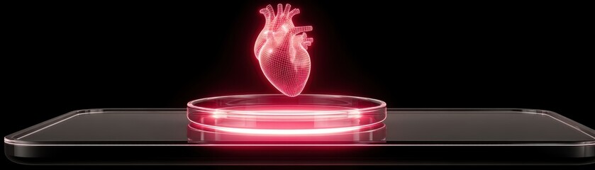Poster - A glowing red digital heart floats above a smartphone as health tech or digital healthcare innovations