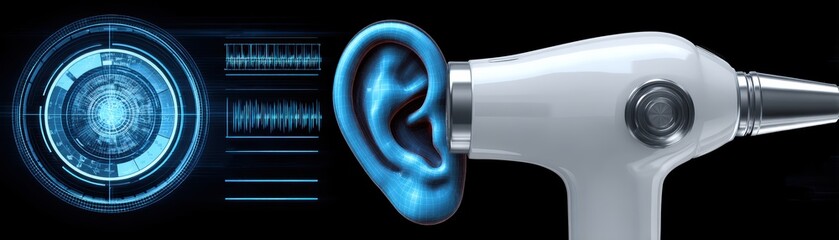 Poster - A futuristic digital ear scanner device analyzing ear data with holographic interface elements on a black background