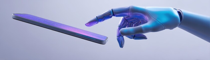 Poster - A futuristic robotic hand reaching out to touch a floating digital tablet against a light background
