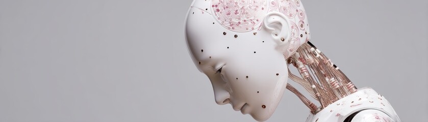 Poster - A detailed, futuristic humanoid robot head and neck with visible circuitry and mechanical components against a plain background