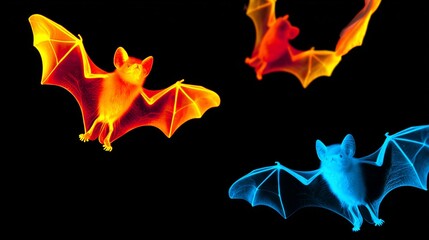 Poster - Three bats with different colors flying in the air. The colors are red, blue, and yellow