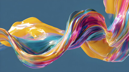 Poster - Dynamic multicolored liquid wave flowing gracefully on a serene blue backdrop creating an captivating 3D rendered composition perfect for modern digital designs and visual