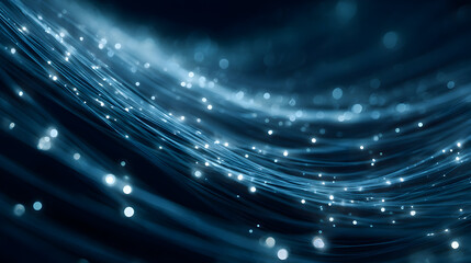 Poster - Elegant flowing fiber optic network backdrop depicting high speed data transfer and digital connectivity in a modern abstract glowing design on a dark blue seamless background