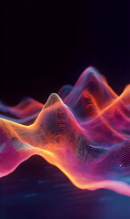 Poster - Abstract colorful wireframe landscape with vibrant gradient waves against a dark background create a modern and artistic 3D rendered graphic for technology digital or conceptual