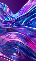 Poster - Iridescent metallic waves in fluid motion shimmering in shades of blue purple and pink create a modern abstract digital art background texture for graphic design projects and