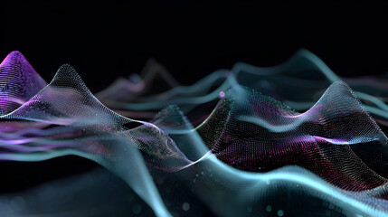 Poster - Abstract data landscape with glowing peaks and valleys against a dark background featuring a visualization of digital information and technology flowing in a network