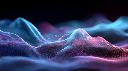 Poster - Abstract dynamic wave of glowing particles with vibrant pink and blue hues creating a sense of digital terrain and futuristic landscape suitable for technology and data