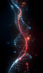 Poster - Abstract energy stream with dynamic particles flowing in a helical form and vibrant color lights illuminating a dark background representing innovative technology and futuristic