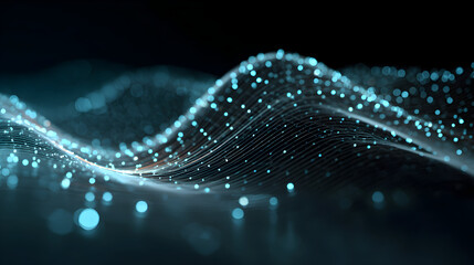 Poster - Abstract blue wave lines background with glowing particles for data stream visualization and technology network concept depicting a digital communication network and futuristic