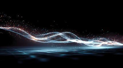 Poster - Abstract light streak flowing across a dark surface with glowing particles evokes a sense of technological wonder ideal for futuristic themes related to digital innovation and