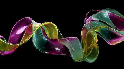 Poster - Dynamic translucent ribbon with flowing curves in iridescent shades of pink yellow green and teal creating abstract organic shapes illuminated against a stark black backdrop for