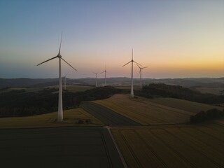 Wall Mural - Wind turbines on a serene landscape at sunset.