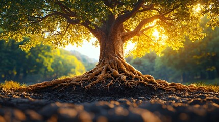Wall Mural - a vibrant ancient tree with twisted roots emerging from the earth long title a majestic centuries ol