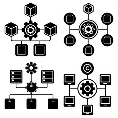 Poster - Diagrams showing interconnected systems with gears, cubes, documents, servers, and computers in black