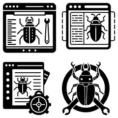 Poster - Illustrations showing bugs on screens with tools and a gear, all in black and white vector format