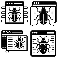 Poster - Four black and white icons depicting bugs on screens representing software or hardware issues and errors