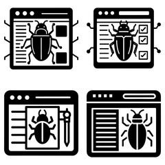 Poster - Four browser windows displaying insect icons representing software bugs and debugging processes on screens
