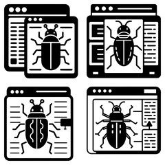 Poster - Four software bug icons displayed on browser windows in black and white vector illustration style