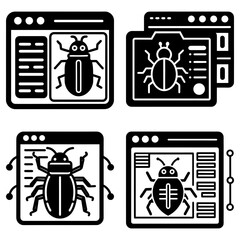 Poster - Four software bug icons in browser windows with code, showing different bug designs in black and white
