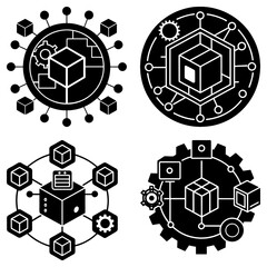 Poster - Four distinct black and white circular designs featuring cubes gears and connected nodes in a pattern