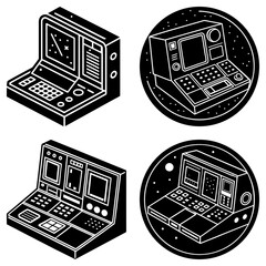 Poster - Four isometric black and white illustrations of control panels with screens and buttons in different styles