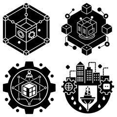 Poster - Four abstract black and white icons depicting technology, industry, and interconnected systems design